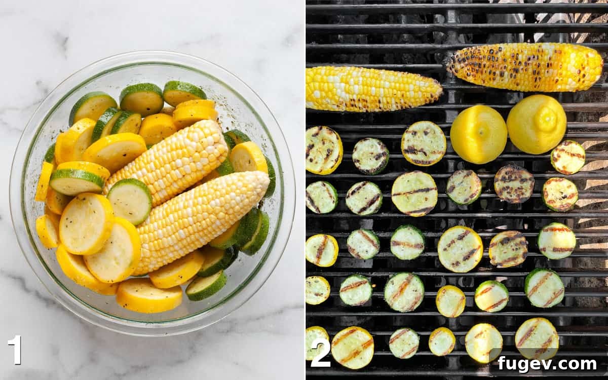 Summer Grilled Veggie Medley 4 Vegetables tossed in oil and spices in a bowl, and then arranged with lemons on a hot grill.