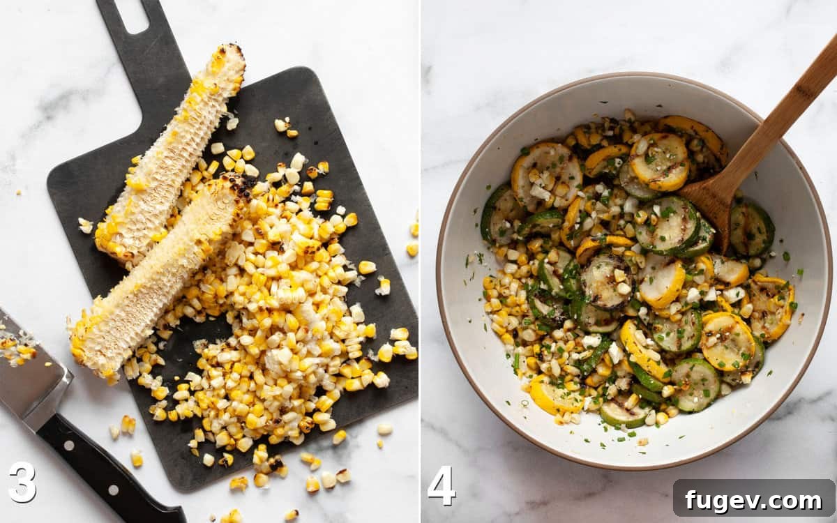 Summer Grilled Veggie Medley 5 Grilled corn kernels sliced off the cobs, and then all grilled vegetables combined in a bowl with feta and herbs.