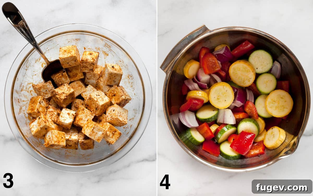 Smoky Tofu and Vibrant Veggie Skewers 4 In two separate bowls: cut tofu cubes tossed with spiced olive oil and fresh vegetables tossed with olive oil, salt, and pepper, ready for skewering.