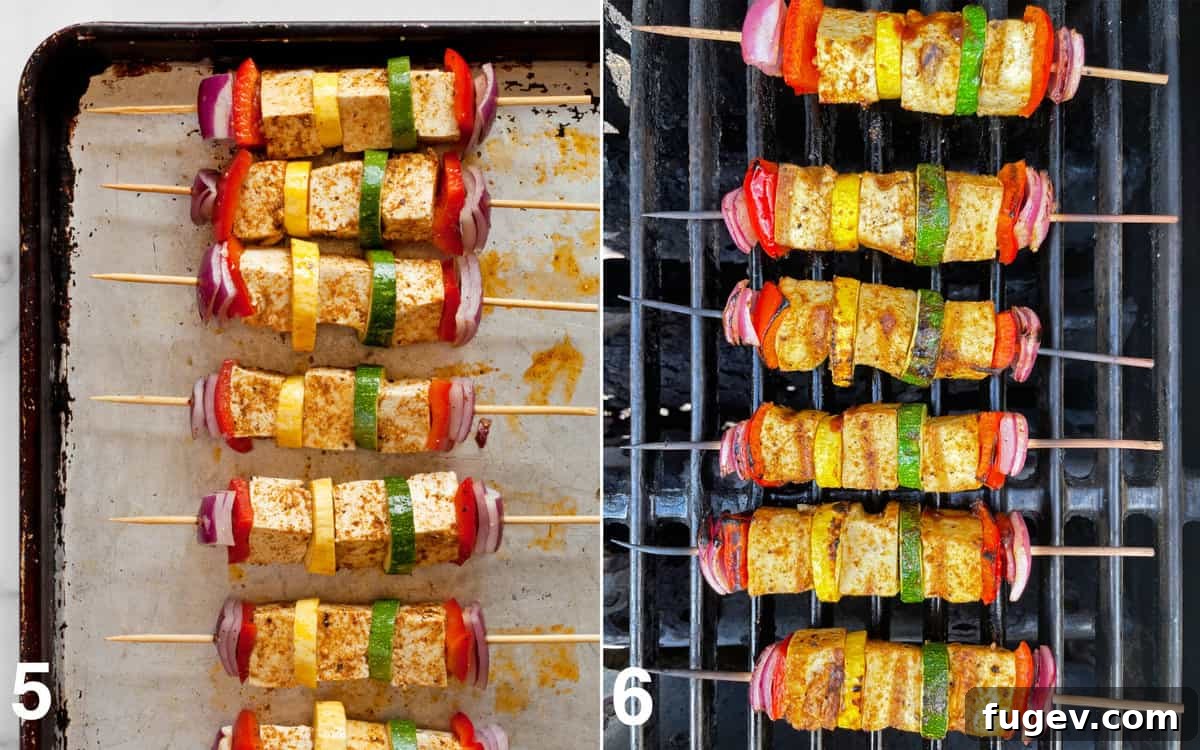 Smoky Tofu and Vibrant Veggie Skewers 5 Before and after grilling: a baking sheet filled with raw veggie and tofu skewers next to sizzling skewers on a hot grill, showing developing grill marks.