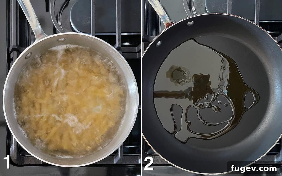 Savory Mushroom Sweet Corn Pasta 4 Pasta boiling in a pot on the stove, alongside olive oil heating in a skillet.