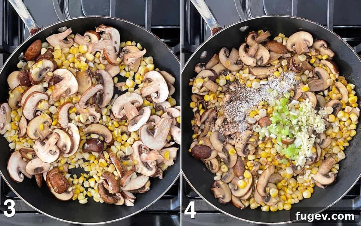 Savory Mushroom Sweet Corn Pasta 5 Sautéing mushrooms and corn in a skillet, then adding white scallions, garlic, salt, and pepper.