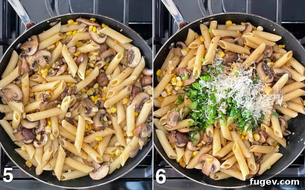 Savory Mushroom Sweet Corn Pasta 6 Folding cooked pasta and reserved cooking water into sautéed mushrooms and corn, then stirring in scallion greens and Parmesan.