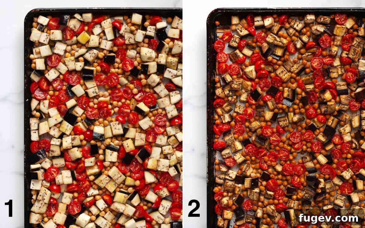 Zesty Lemon Tahini Roasted Eggplant with Chickpeas and Tomatoes 4 Eggplant, tomatoes and chickpeas on a sheet pan before and after you roast them.