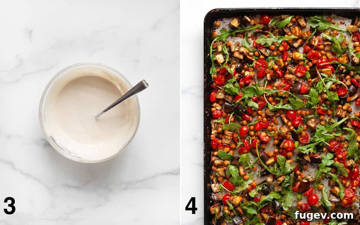Zesty Lemon Tahini Roasted Eggplant with Chickpeas and Tomatoes 5 Lemon tahini sauce in a small bowl. Roasted eggplant, tomatoes and chickpeas tossed with arugula on a sheet pan.