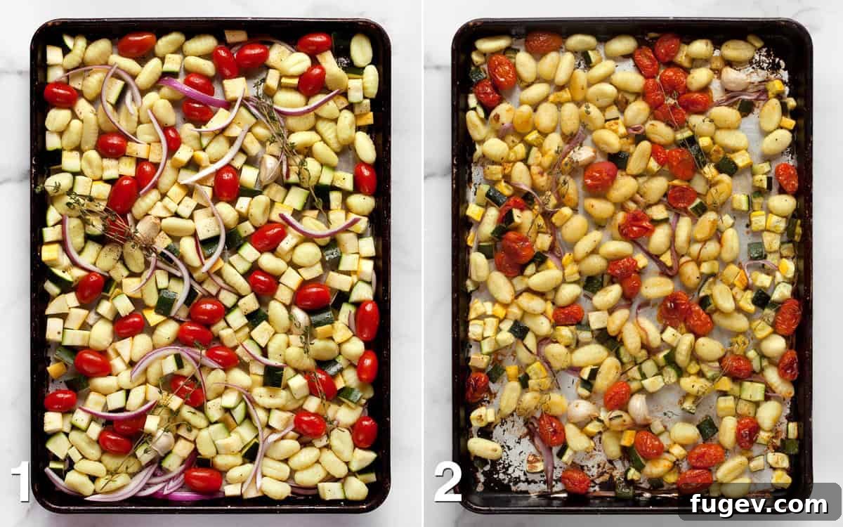 Sheet Pan Gnocchi Harvest 4 Gnocchi and vegetables spread evenly on a baking sheet, ready for roasting.