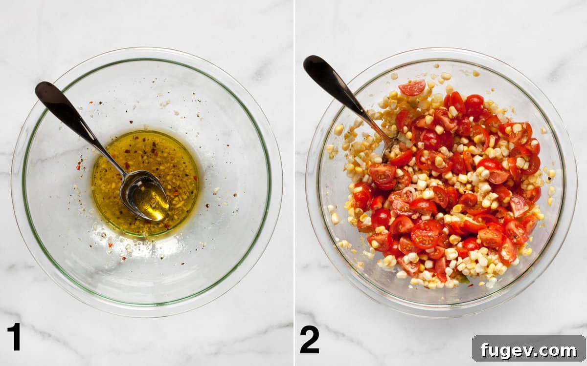 Vibrant Summer Corn and Tomato Salad 4 Step-by-step imagery showing the preparation of the salad, starting with mixing the vinaigrette, then adding tomatoes and corn.