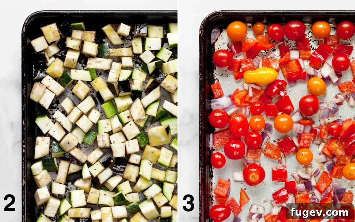 Sun-Kissed Ratatouille & Quinoa Medley 5 One sheet pan with diced zucchini, yellow squash, and eggplant, and a second sheet pan with cherry tomatoes, bell peppers, and onions, both seasoned and spread in a single layer, ready for oven roasting.