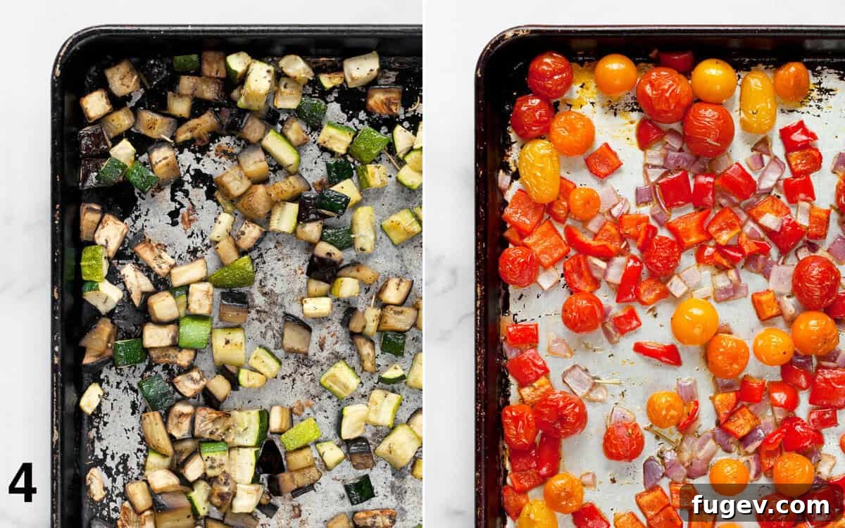 Sun-Kissed Ratatouille & Quinoa Medley 6 Roasted zucchini, yellow squash, and eggplant on one sheet pan, and roasted tomatoes, bell peppers, and onions on another sheet pan, showing tender, slightly browned, and caramelized textures after cooking, ideal for combining with quinoa.