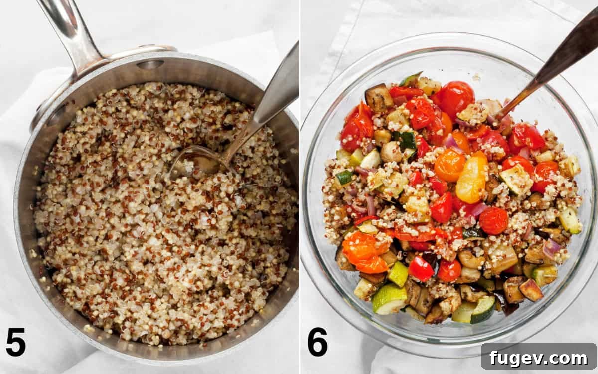 Sun-Kissed Ratatouille & Quinoa Medley 7 Fluffy cooked quinoa in a pot next to a large bowl filled with roasted vegetables, fresh basil, and cooked quinoa, all mixed together, showcasing the final combined dish.