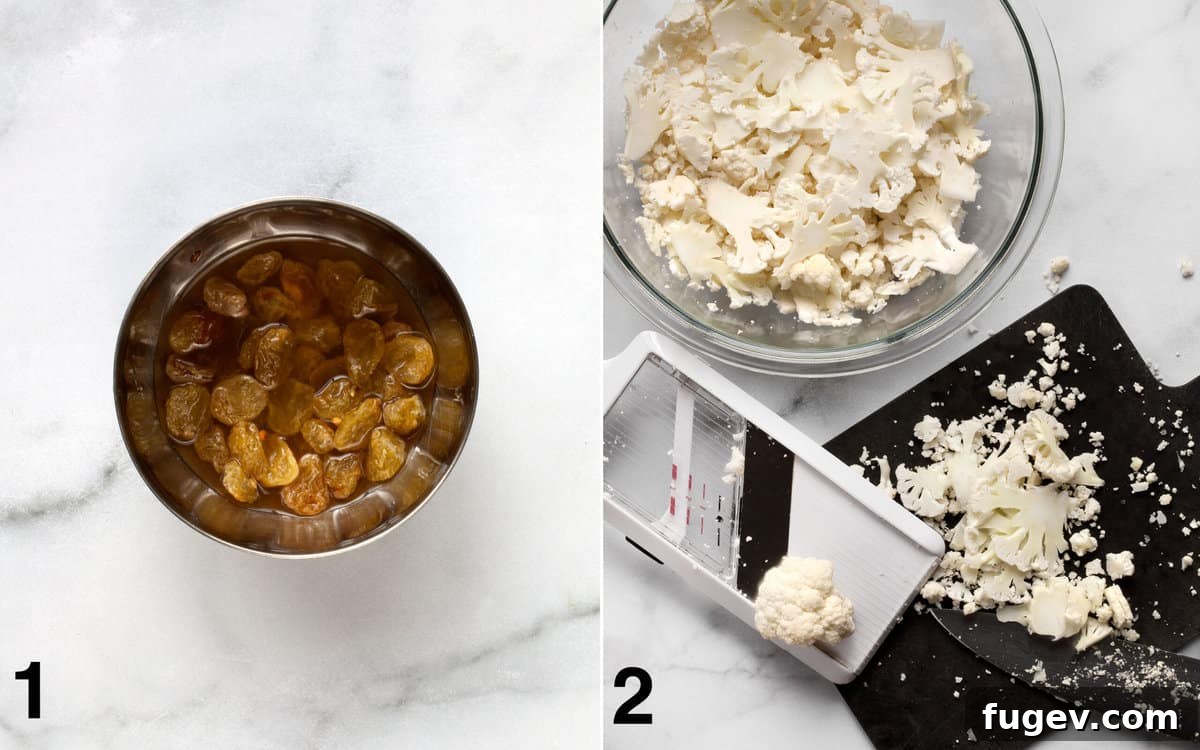 Crisp Cauliflower Salad with Walnuts and Tangy Pickled Raisins 4 Raisins soaking in a small bowl. Cauliflower sliced with a mandolin.