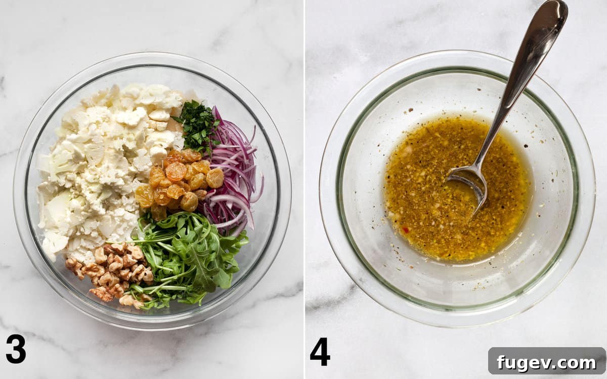 Crisp Cauliflower Salad with Walnuts and Tangy Pickled Raisins 5 Salad ingredients in a large bowl. Vinaigrette whisked in a small bowl.
