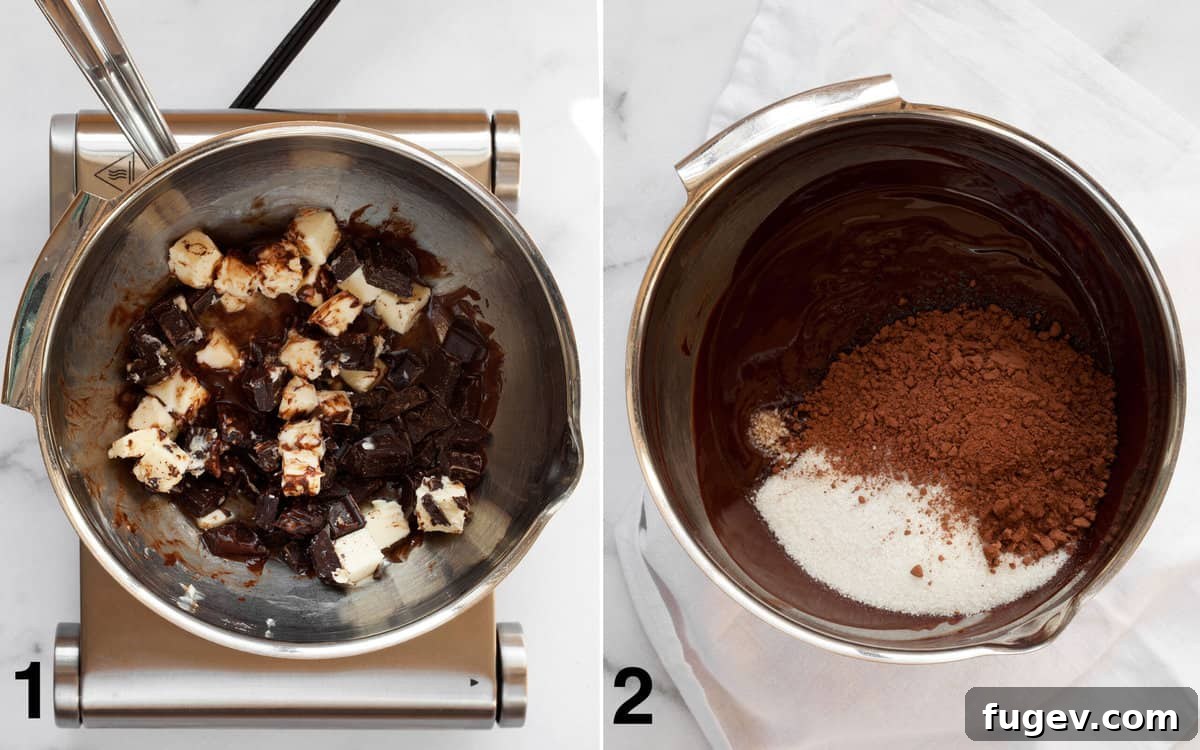 Swirled Cream Cheese Brownies 4 Two sequential images: one showing butter and chopped chocolate melting gently in a bowl over a double boiler, and the second showing the smooth brownie batter after sugar, cocoa powder, vanilla extract, and salt have been stirred in.