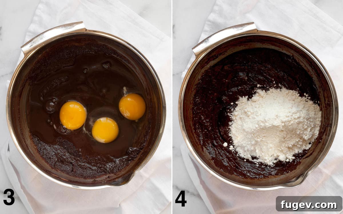 Swirled Cream Cheese Brownies 5 Two sequential images: one showing eggs being beaten into the chocolate brownie batter, and the second showing flour gently folded into the batter until just combined.