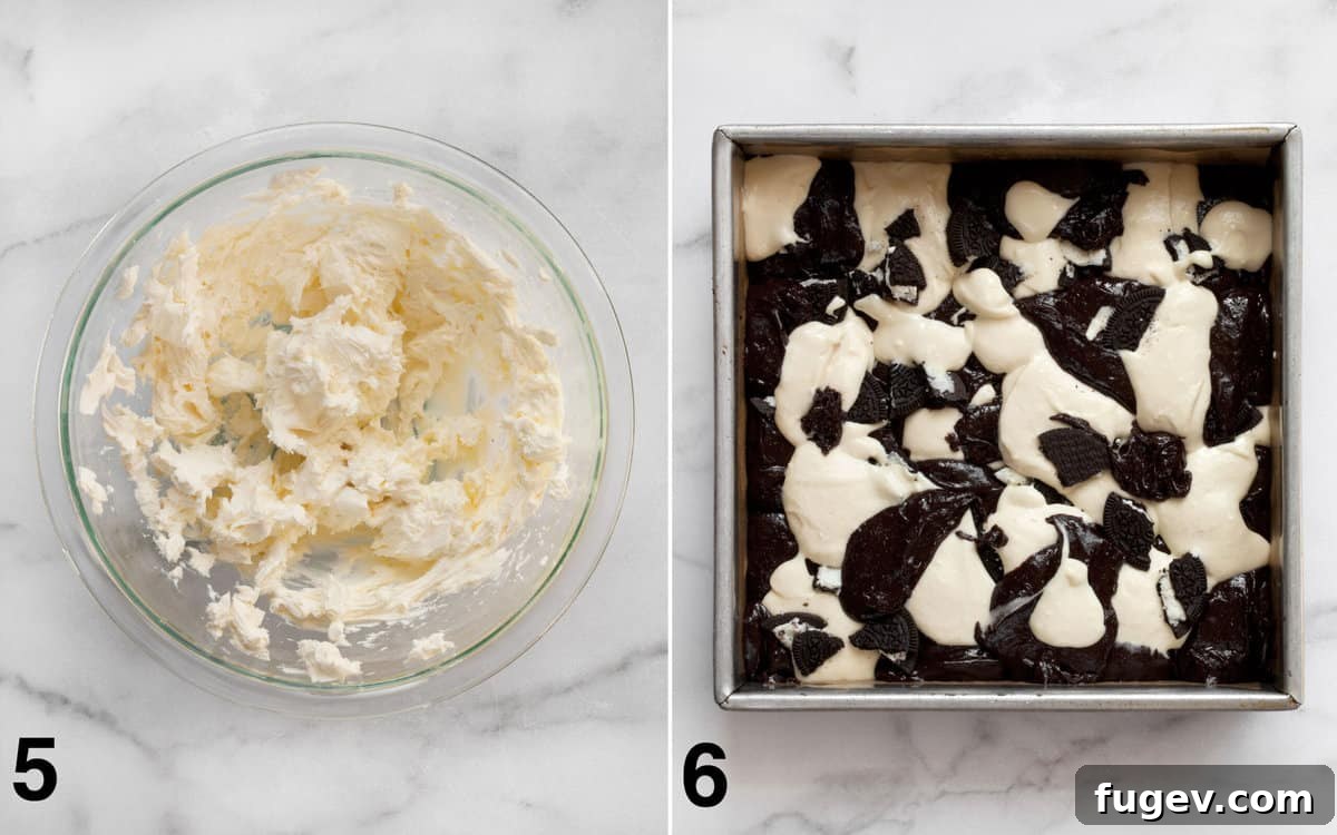 Swirled Cream Cheese Brownies 6 Two sequential images: one showing the smooth cream cheese mixture after being whisked, and the second showing alternating dollops of brownie batter and cream cheese mixture in a baking pan, ready for swirling.