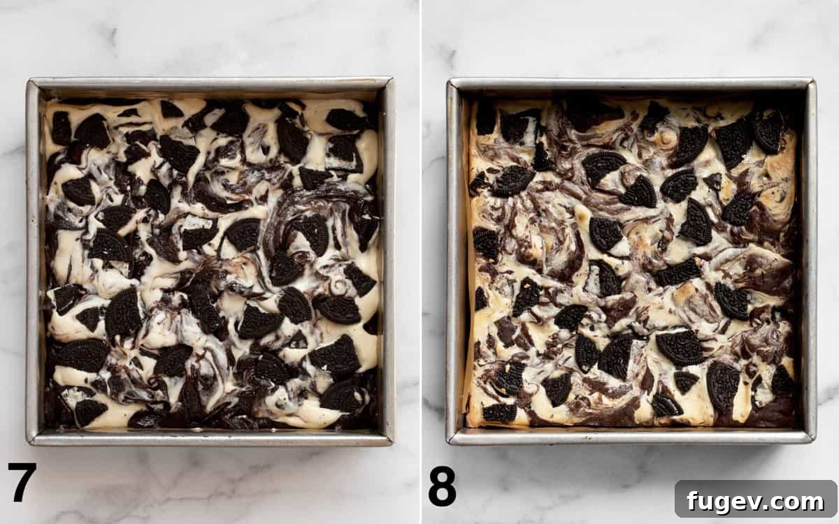 Swirled Cream Cheese Brownies 7 Two sequential images: the first shows the brownie batter swirled with cream cheese and topped with Oreo pieces before baking, and the second shows the finished, golden-brown cream cheese brownies fresh out of the oven.