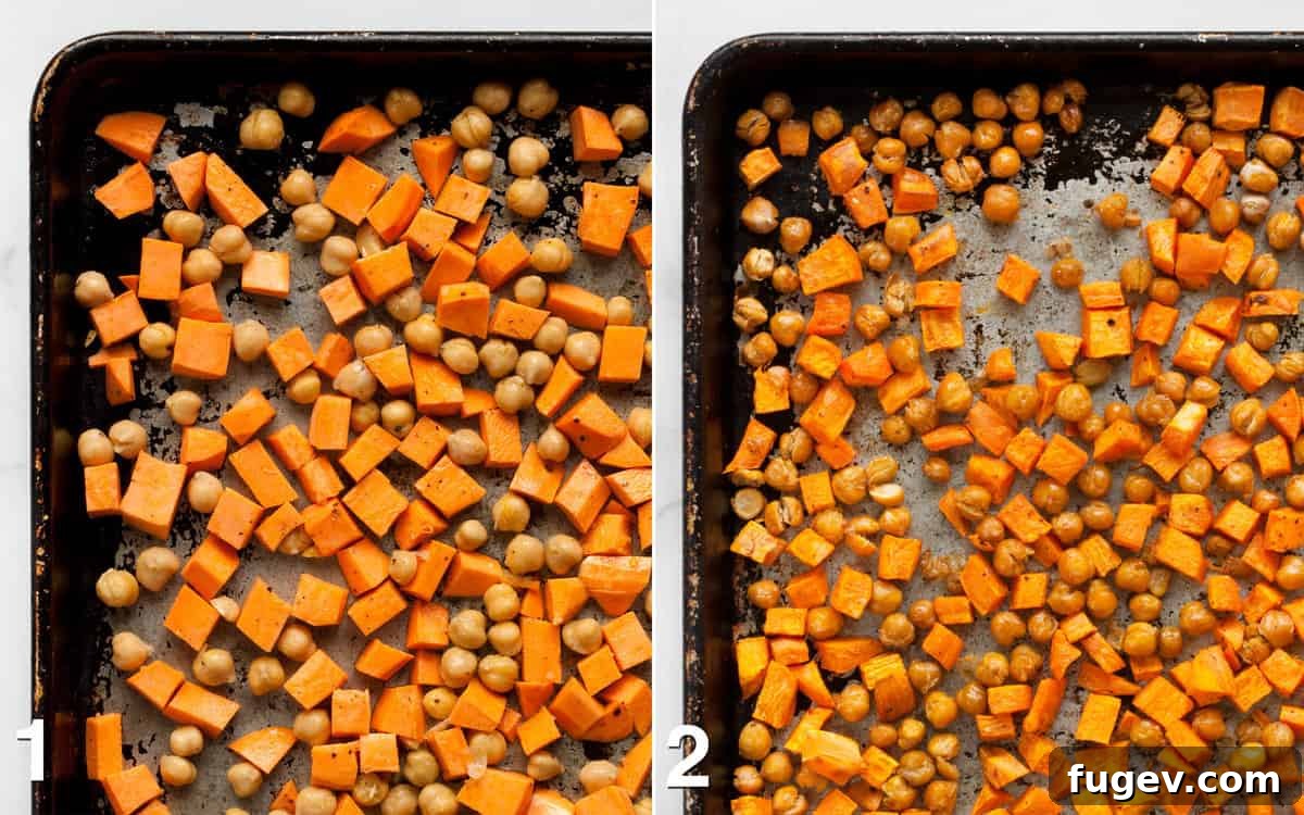 Roasted Sweet Potato & Kale Harvest Bowl 3 A visual comparison of sweet potatoes and chickpeas on a sheet pan, showing them before roasting with seasoning and after roasting, golden and crispy.