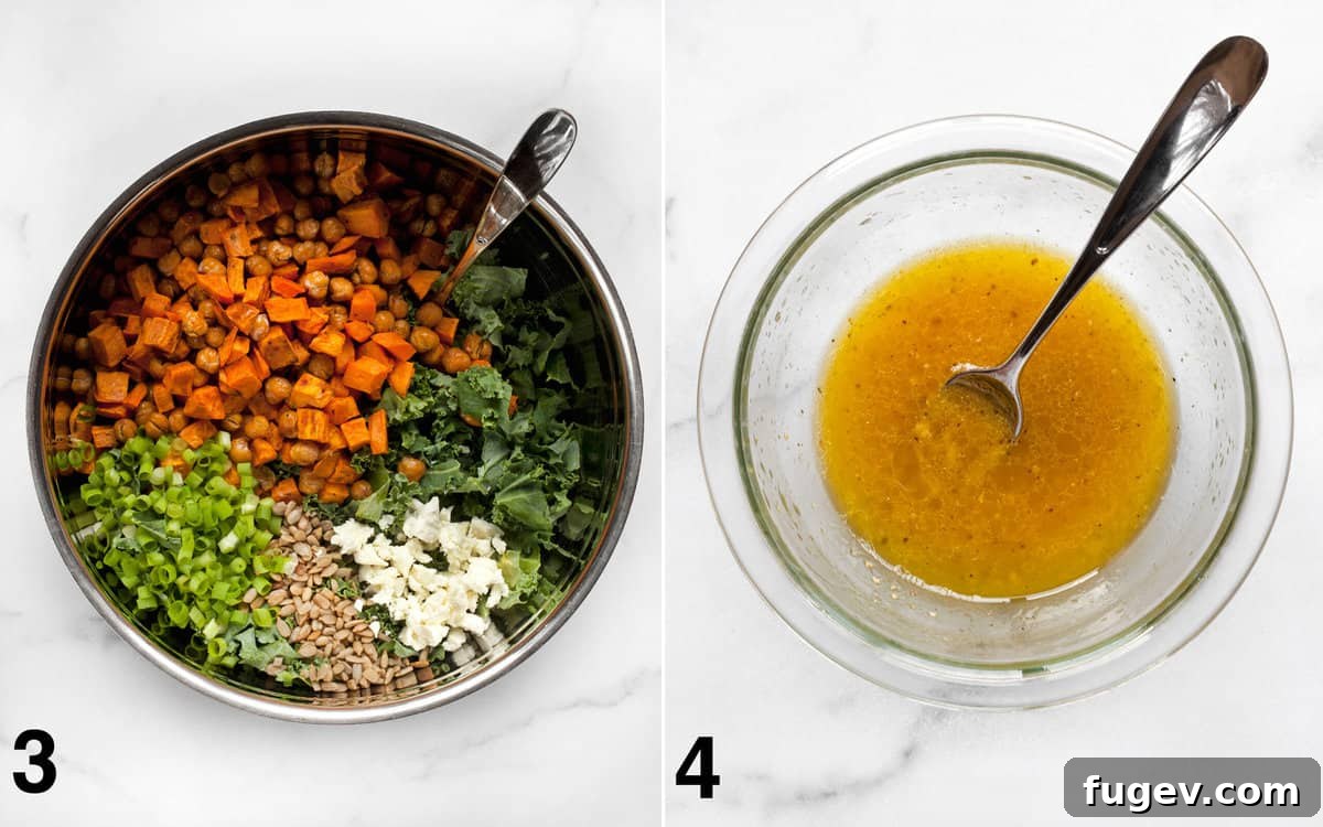 Roasted Sweet Potato & Kale Harvest Bowl 4 The vibrant components of the salad in a large bowl—roasted sweet potatoes, crispy chickpeas, fresh kale, feta, and sunflower seeds—alongside a small bowl of whisked lemon mustard vinaigrette.
