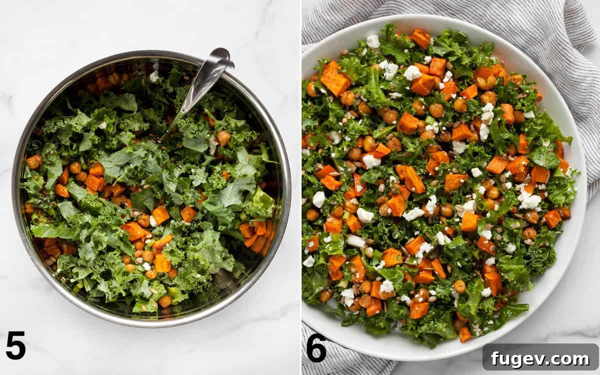 Roasted Sweet Potato & Kale Harvest Bowl 5 The finished kale sweet potato and chickpea salad, perfectly tossed with vinaigrette in a large bowl, ready to be served. A single portion is shown in an individual serving bowl, beautifully presented.