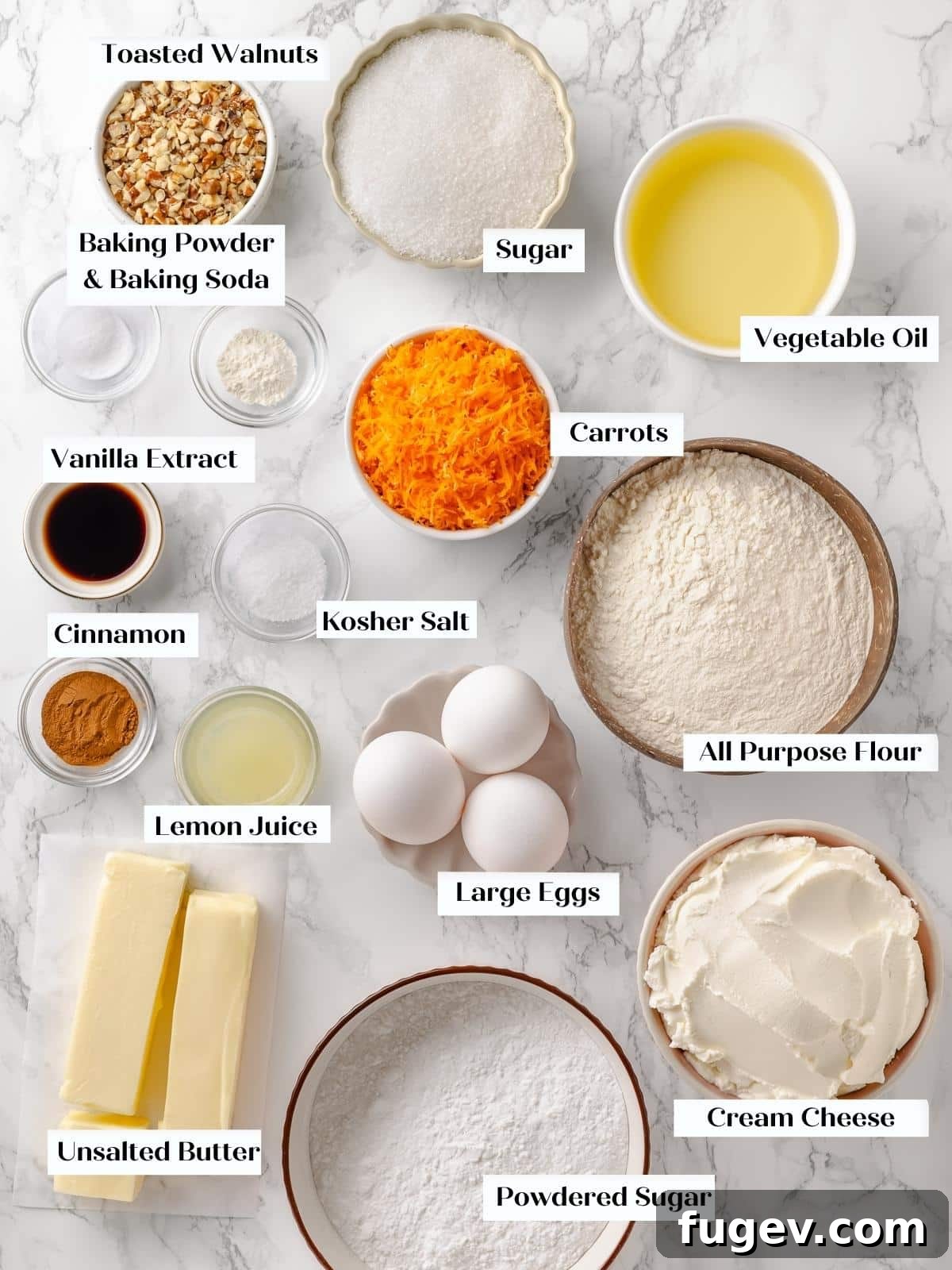 Irresistible Homemade Carrot Cake 4 All the prepped ingredients for the best carrot cake, neatly laid out on a kitchen counter, ready for mixing.