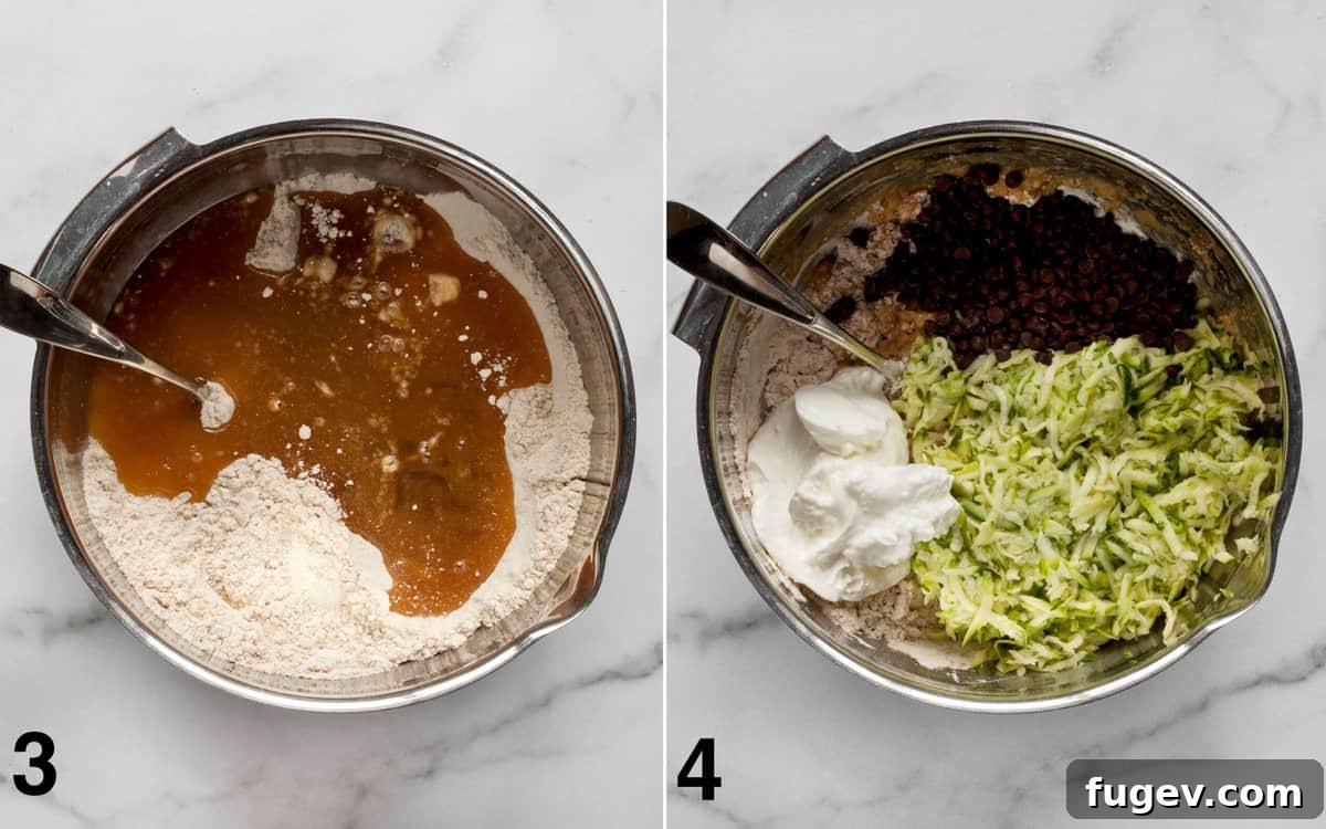 Wholesome Chocolate Chip Zucchini Delights 5 Muffin batter with shredded zucchini, Greek yogurt, and chocolate chips being gently folded together in a bowl.