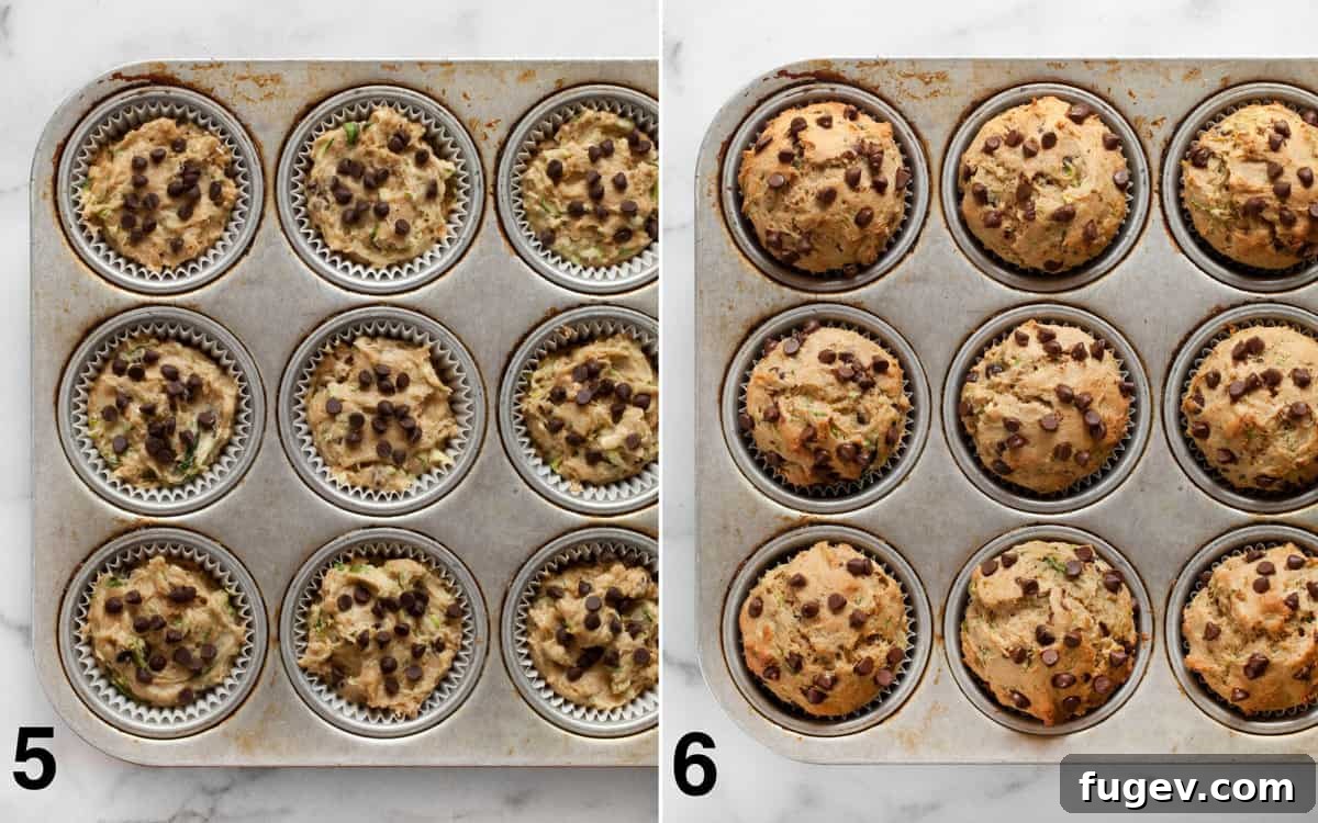 Wholesome Chocolate Chip Zucchini Delights 6 The process of spooning muffin batter into a muffin pan, topped with chocolate chips, and a subsequent image of golden-brown baked muffins cooling in the pan.