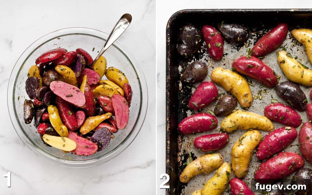 Prepping Potatoes for Roasting Left: Fingerling potatoes tossed with olive oil, lemon juice, and rosemary in a bowl. Right: Potatoes arranged in a single layer, cut side down, on a baking sheet, ready for roasting.