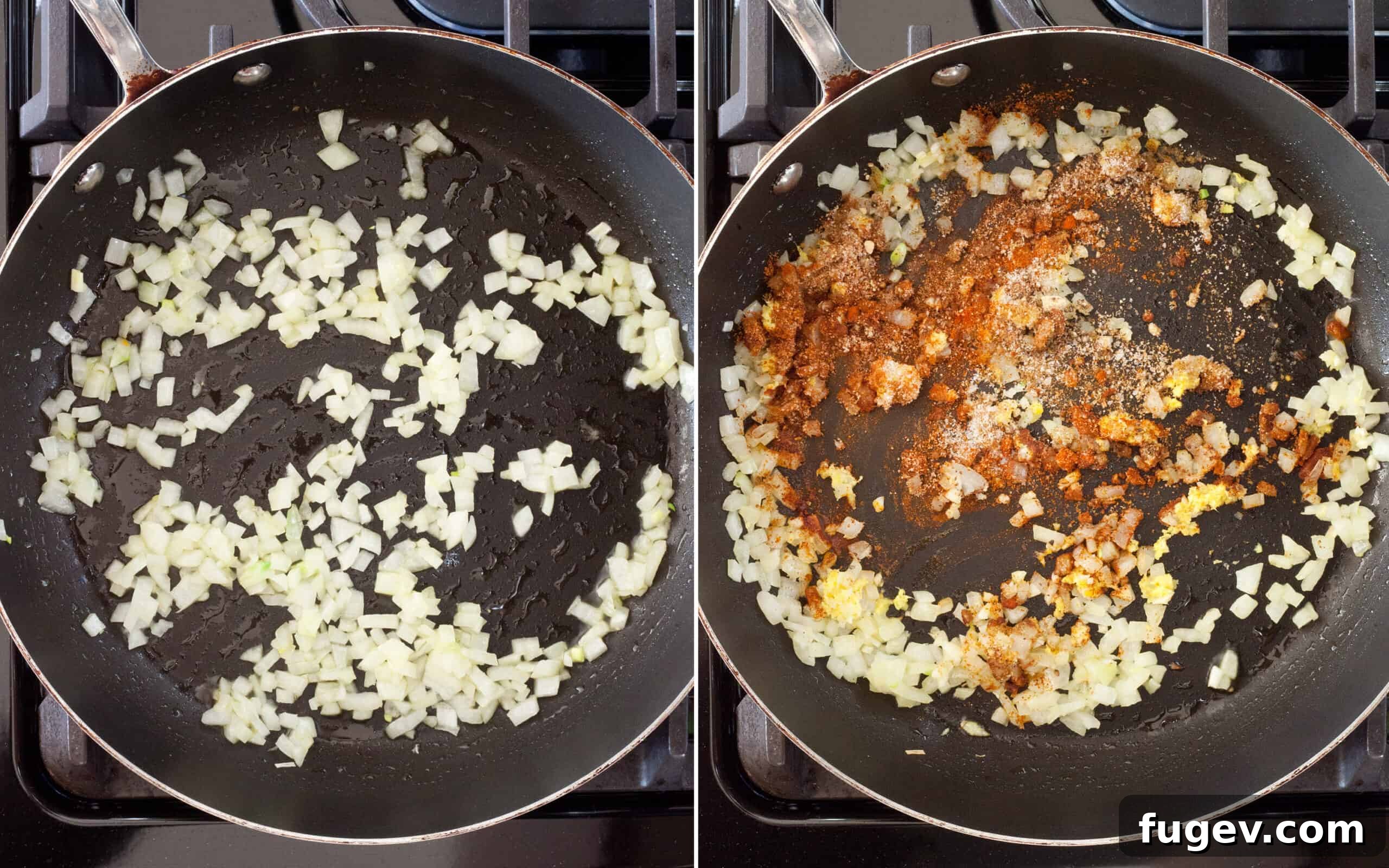 Spiced Slow Cooker Moroccan Chickpea Stew 5 Sautéed onions, garlic, ginger, and spices in a skillet, the flavorful base for the Moroccan Chickpea Stew.