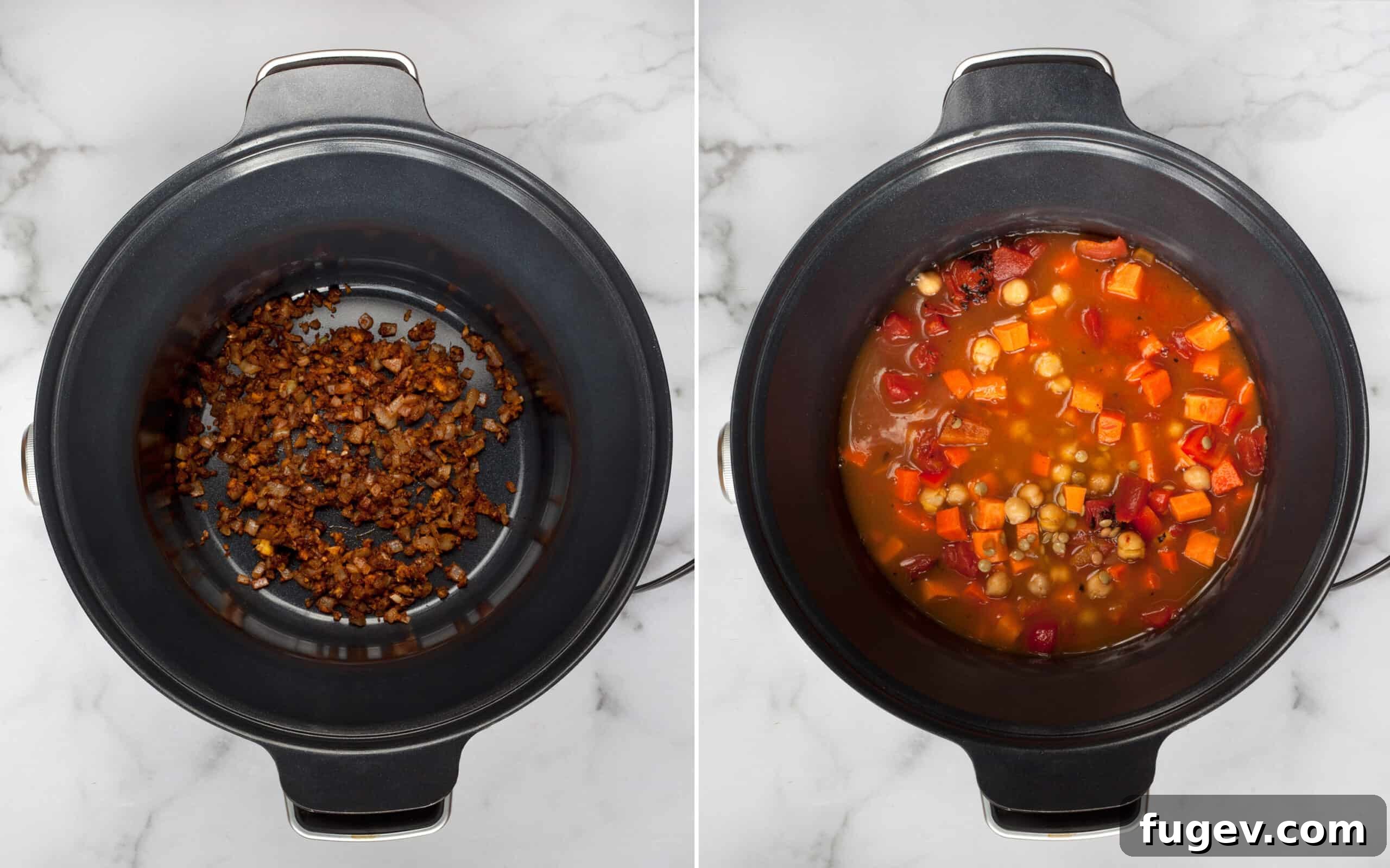 Spiced Slow Cooker Moroccan Chickpea Stew 6 Transferring the sautéed onion mixture to the slow cooker, ready to combine with the remaining stew ingredients.
