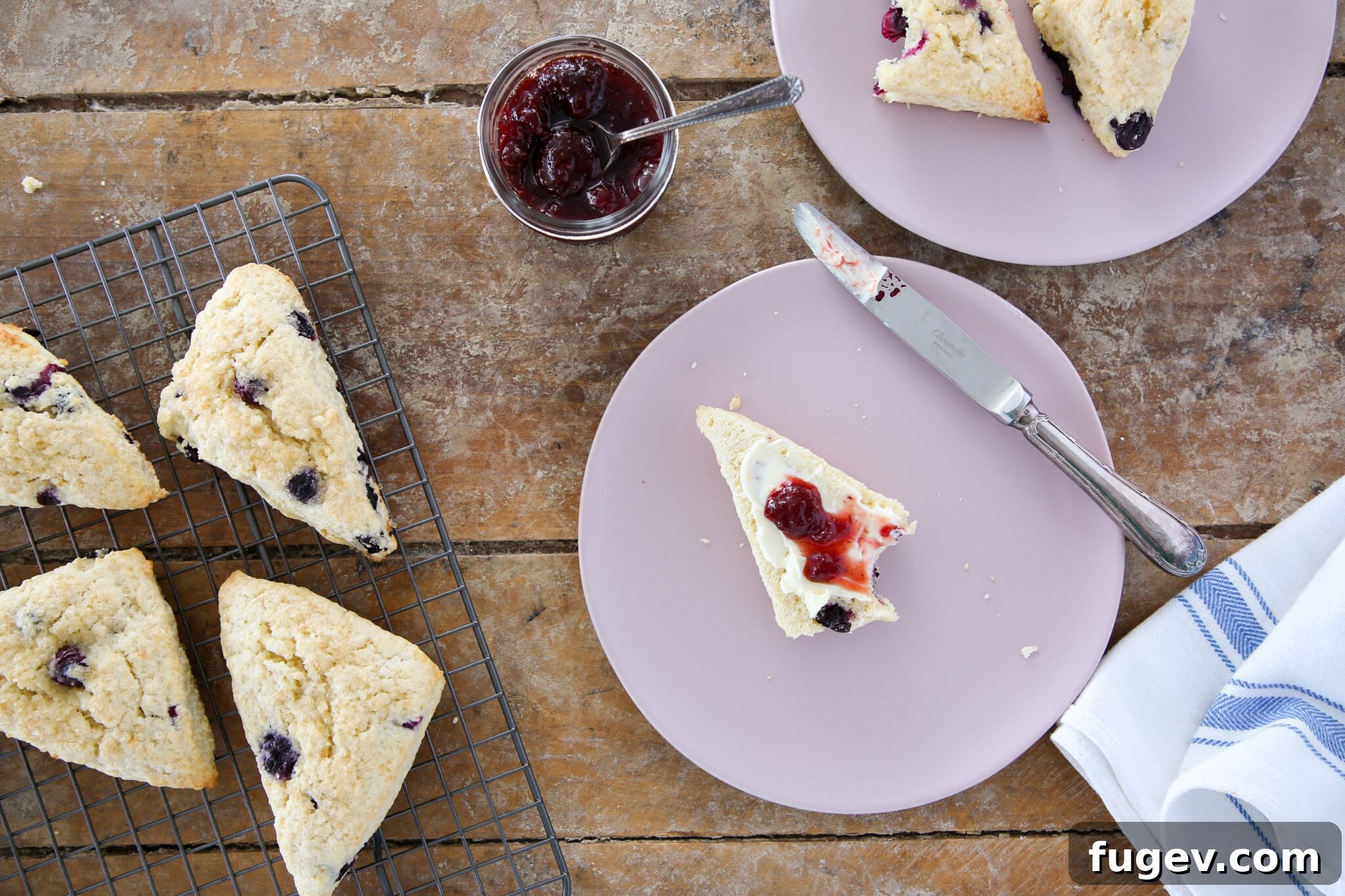 Bursting Blueberry Scones 5 A plate of golden brown blueberry scones garnished with fresh blueberries and lemon zest.
