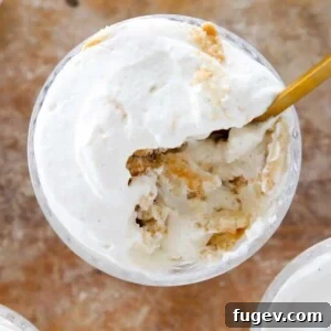 Homemade Banana Pudding in a dish with a gold spoon, ready to be enjoyed.