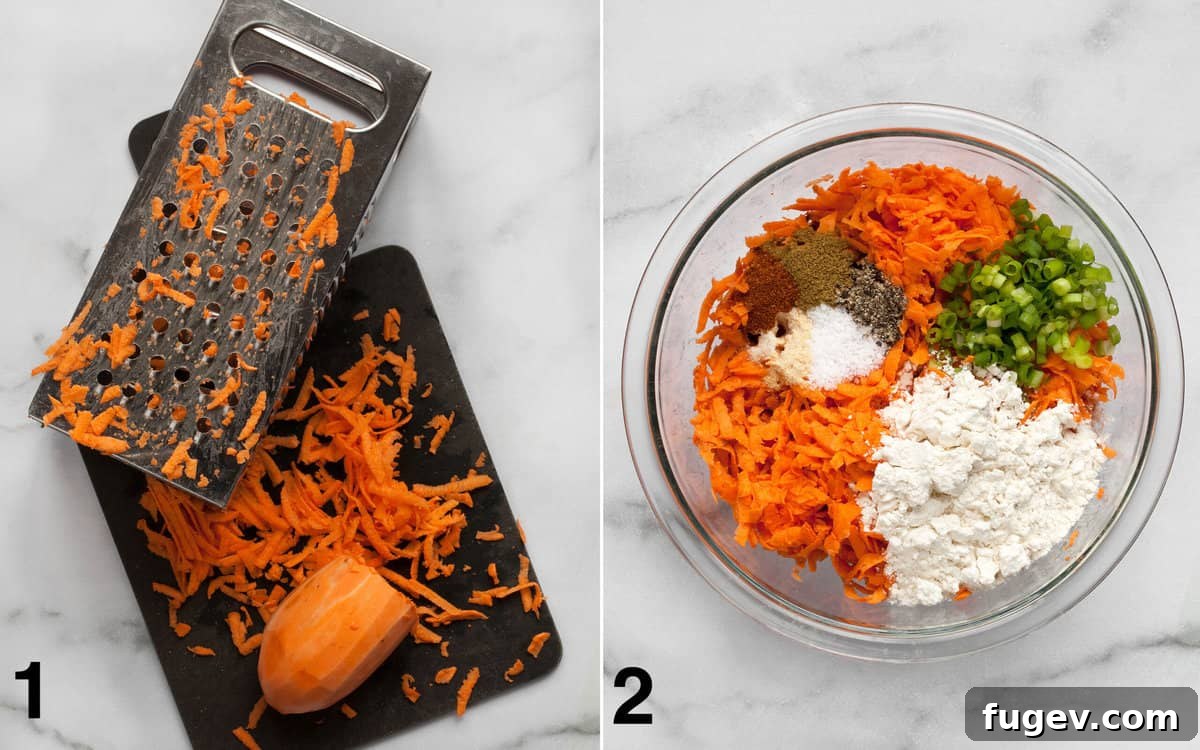 Golden Sweet Potato Fritter Bites 4 A two-part image showing the process: Left, a close-up of grated sweet potato with a box grater. Right, a large mixing bowl containing shredded sweet potato, a colorful blend of spices, flour, and sliced scallions, ready to be combined.