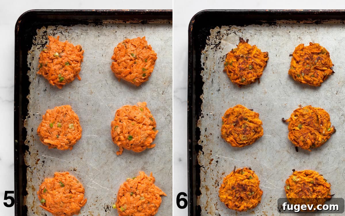 Golden Sweet Potato Fritter Bites 6 A before-and-after image of sweet potato fritters on a sheet pan: Left shows raw fritter patties neatly arranged, and Right shows the same fritters after baking, golden brown and perfectly cooked.