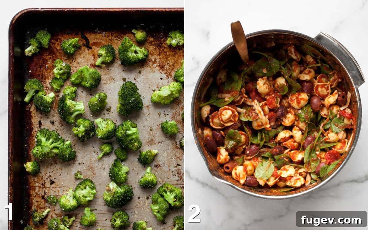 Mediterranean Tortellini Bake 4 A sheet pan with roasted broccoli florets. Next to it, a large bowl holds a colorful mixture of tortellini, olives, spinach, and marinara sauce, stirred and ready.