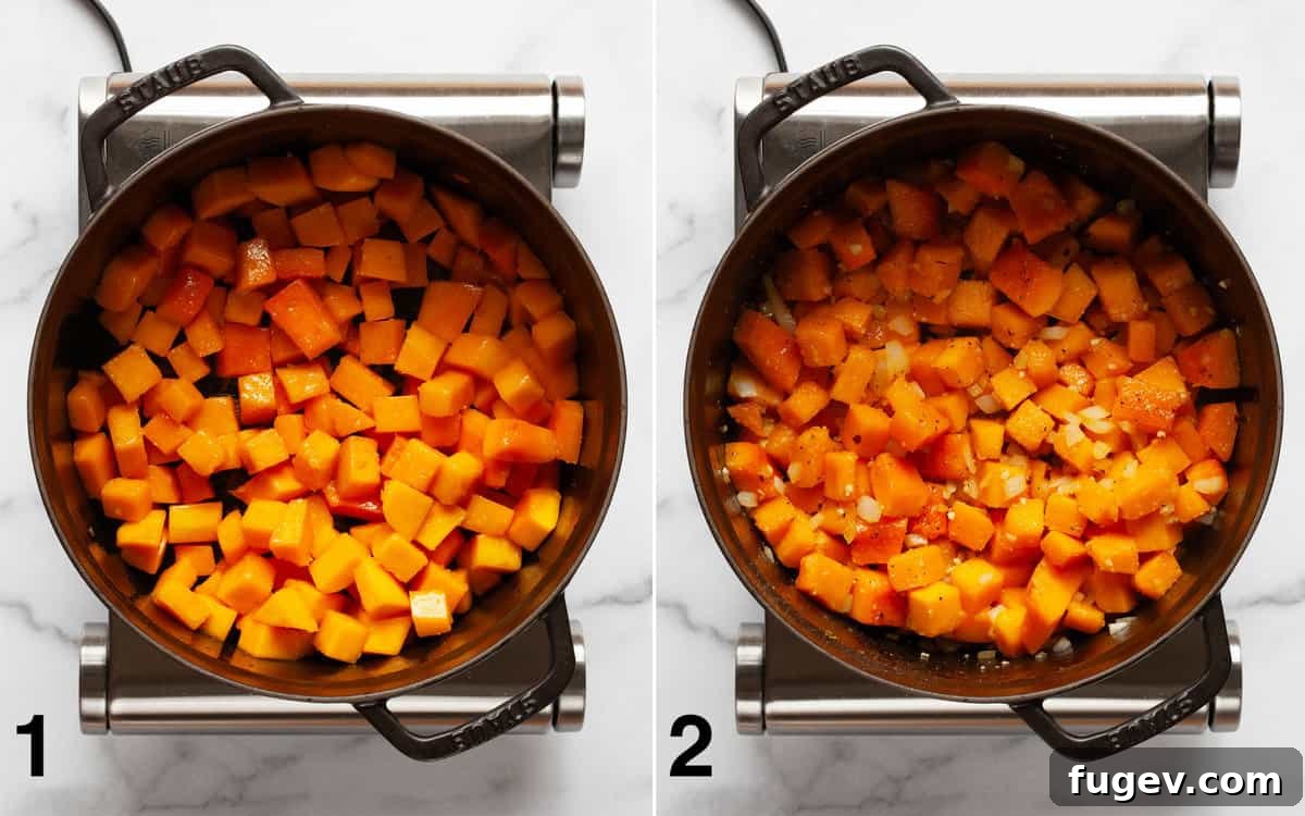 Velvety Baked Butternut Risotto 4 Step-by-step images showing butternut squash sautéing in a Dutch oven, followed by the addition of onions, garlic, and spices.