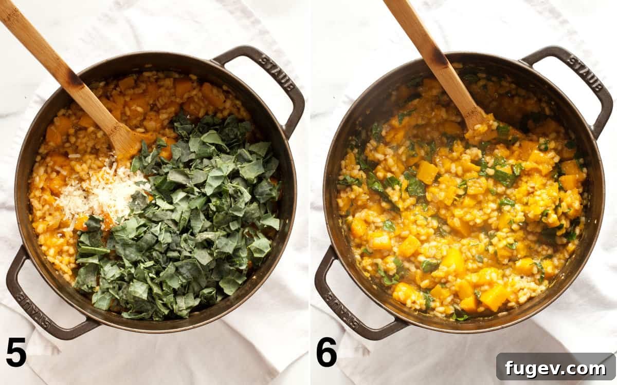 Velvety Baked Butternut Risotto 6 Fresh kale and Parmesan cheese being added to the baked risotto, followed by a close-up of the stirred risotto with wilted kale and melted cheese.