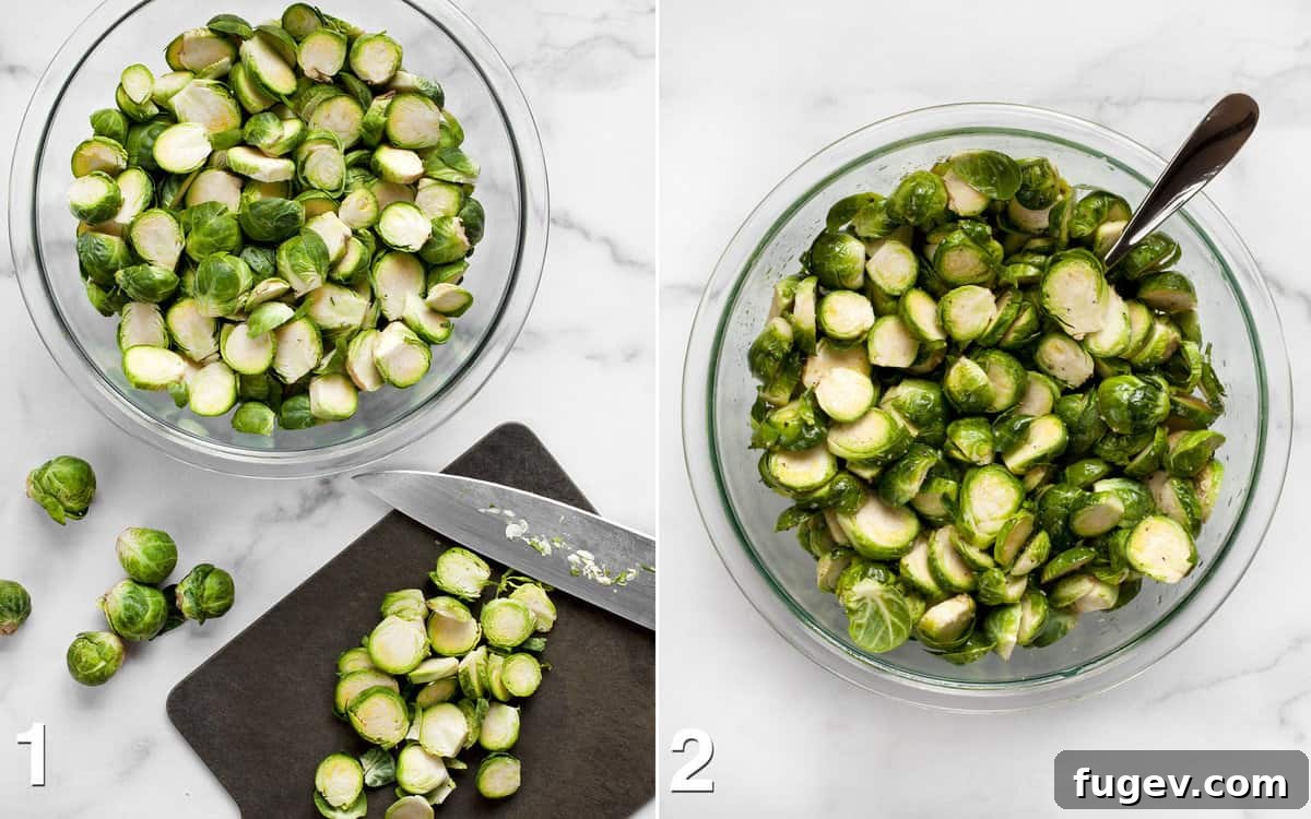 Golden-Crisp Roasted Brussels Sprouts 4 Image showing thinly sliced Brussels sprouts on a cutting board and then tossed with seasoning in a large bowl, ready for roasting.