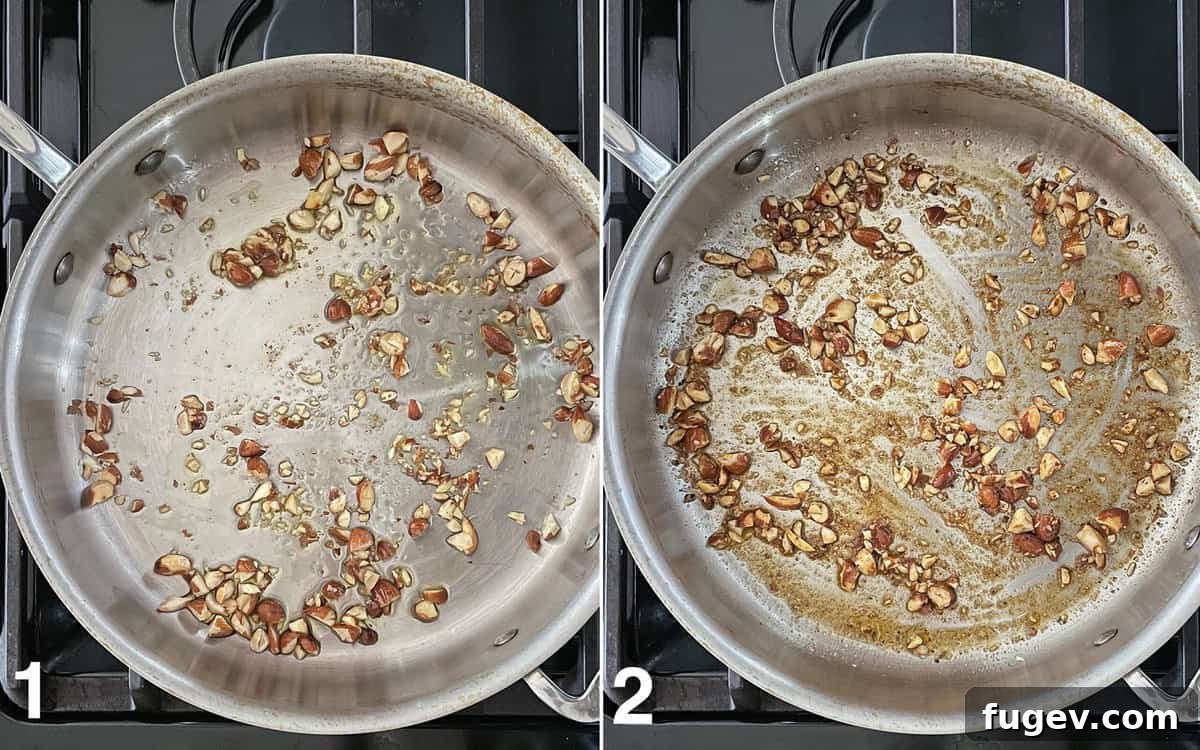 Toasted Almond Broccolini Sauté 4 Chopped almonds are being sautéed in olive oil in a pan until they turn a golden brown color.