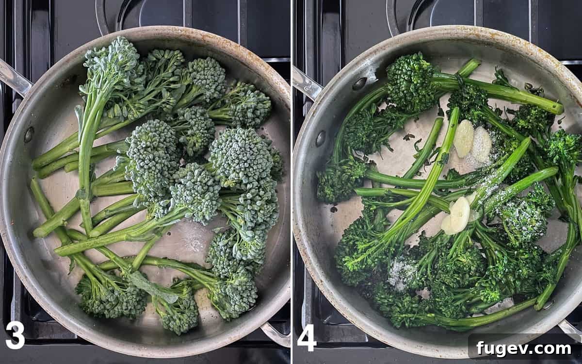 Toasted Almond Broccolini Sauté 5 Fresh broccolini stalks are being sautéed in olive oil in a pan, turning a vibrant bright green.