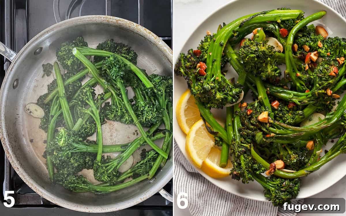 Toasted Almond Broccolini Sauté 6 The finished dish of tender, bright green broccolini is plated, topped with spiced almonds and fresh parsley, and accompanied by lemon wedges for serving.