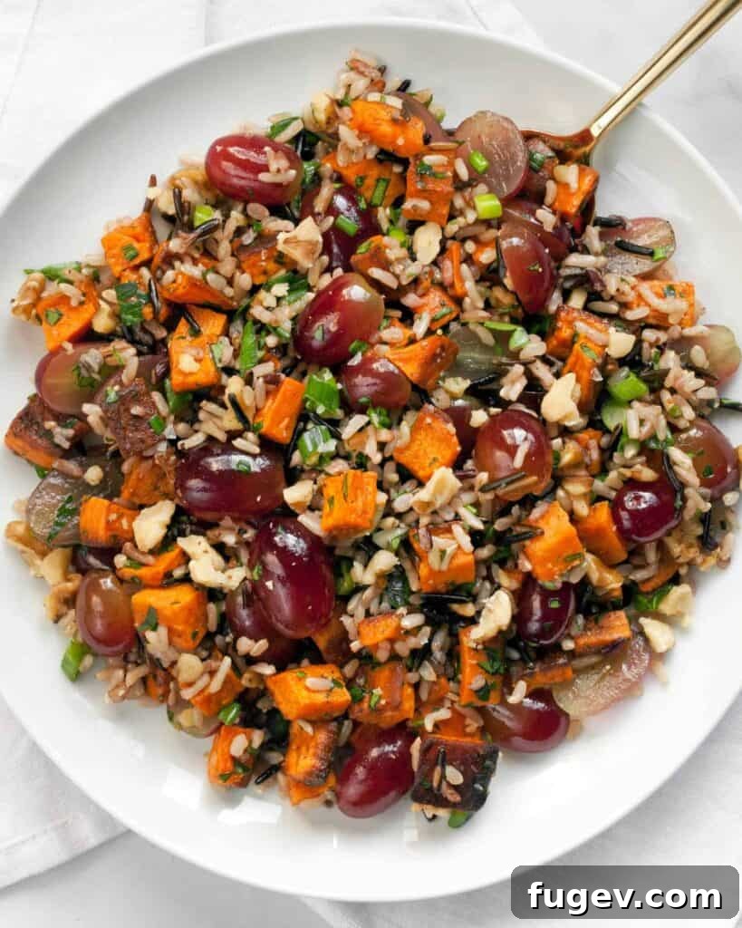 Sweet Potato Wild Rice and Grape Medley 2 Sweet Potato Grape Wild Rice Salad, a colorful and healthy side dish for holidays.