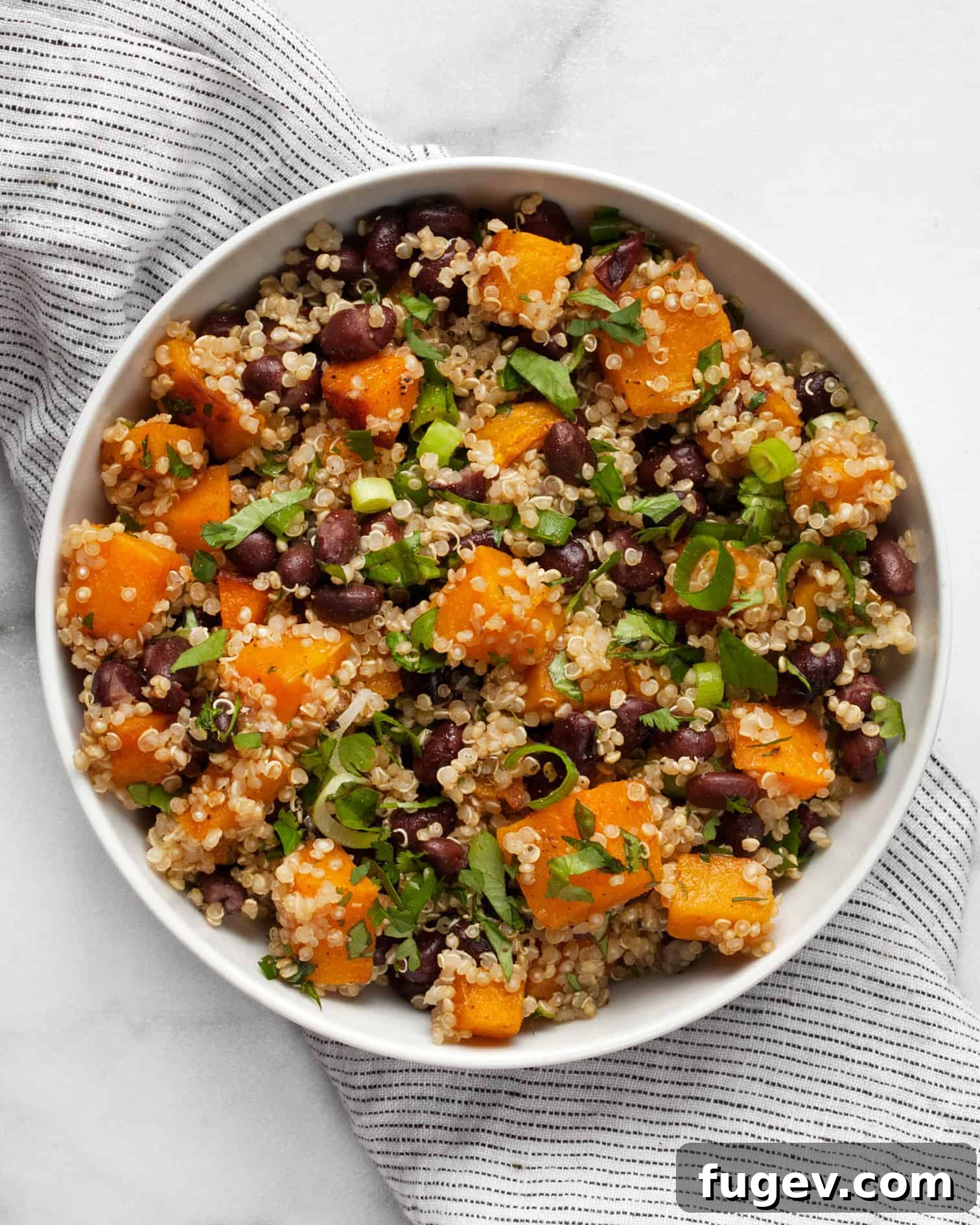 Butternut Squash Black Bean Quinoa Power Bowl 3 A close-up shot of the finished butternut squash black bean quinoa, showcasing its rich colors and textures.