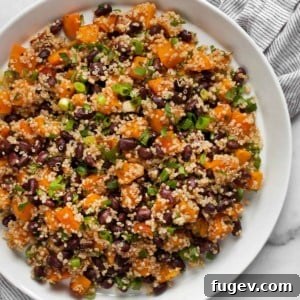Butternut squash quinoa with black beans on a plate
