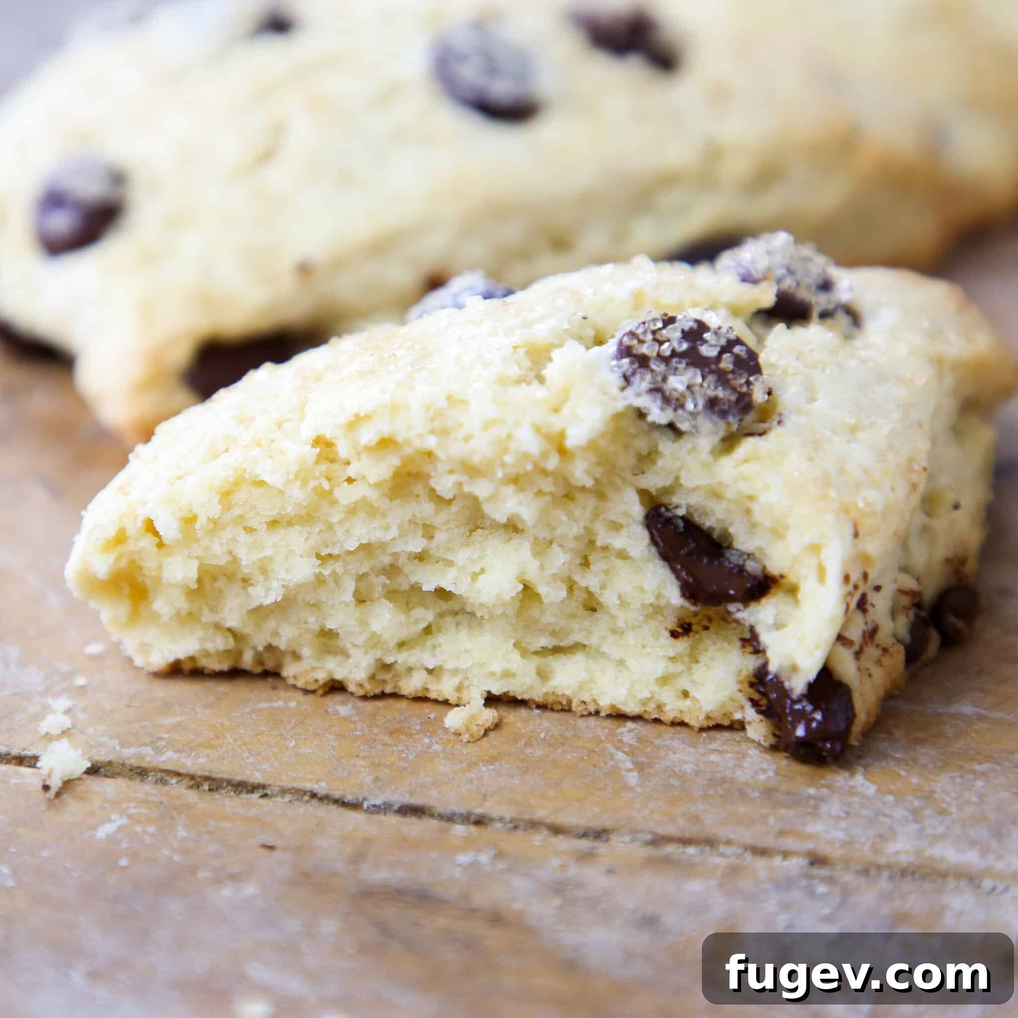Heavenly Chocolate Chip Scones 3 Interior view of a chocolate chip scone, showing its soft, crumbly texture and melted chocolate chips.
