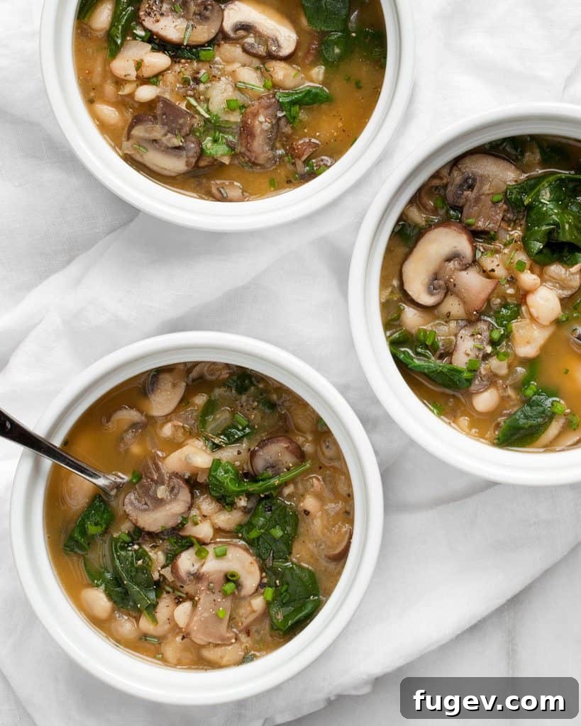 Wholesome White Bean Mushroom Spinach Soup 2 White Bean Mushroom Spinach Soup, served in a bowl, garnished with fresh herbs.