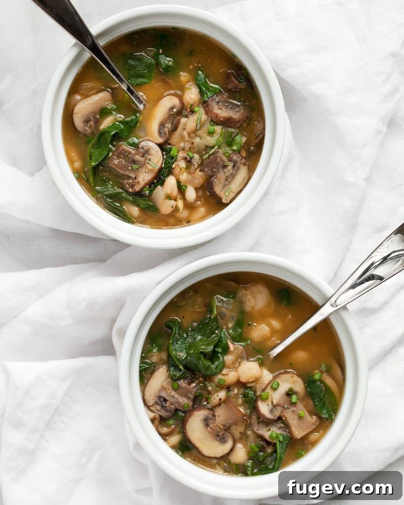 Wholesome White Bean Mushroom Spinach Soup 3 A close-up of hearty mushroom soup with spinach and white beans in a bowl.