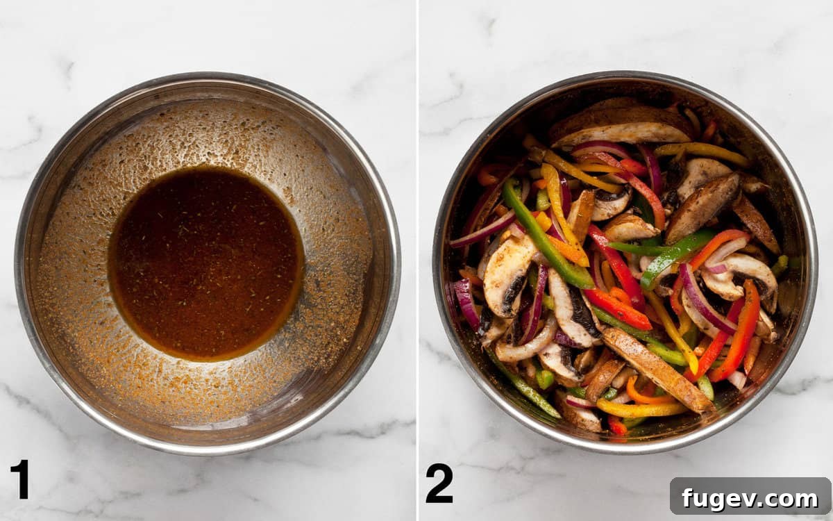 Sheet Pan Veggie Fajita Fiesta 4 Fajita marinade in a bowl, with raw vegetables stirred into it for marination.