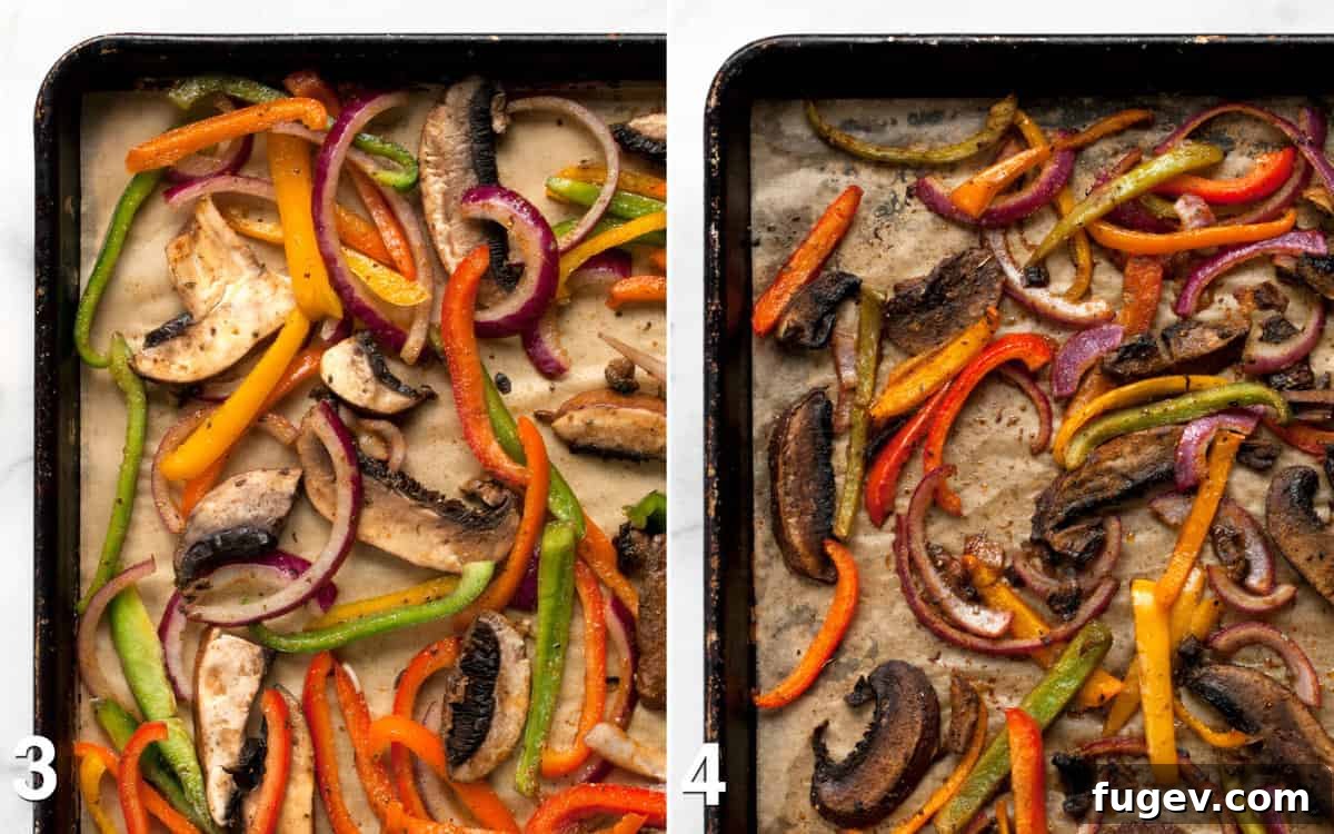 Sheet Pan Veggie Fajita Fiesta 5 Two images side-by-side: fajita vegetables on a sheet pan before and after they are roasted, showing the delicious caramelization.