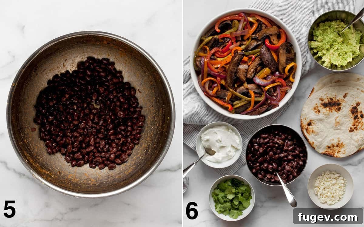 Sheet Pan Veggie Fajita Fiesta 6 Three images: beans stirred into marinade in a bowl, and individual bowls of roasted fajita vegetables, tortillas, mashed avocado, cheese, cilantro and yogurt ready for assembling.