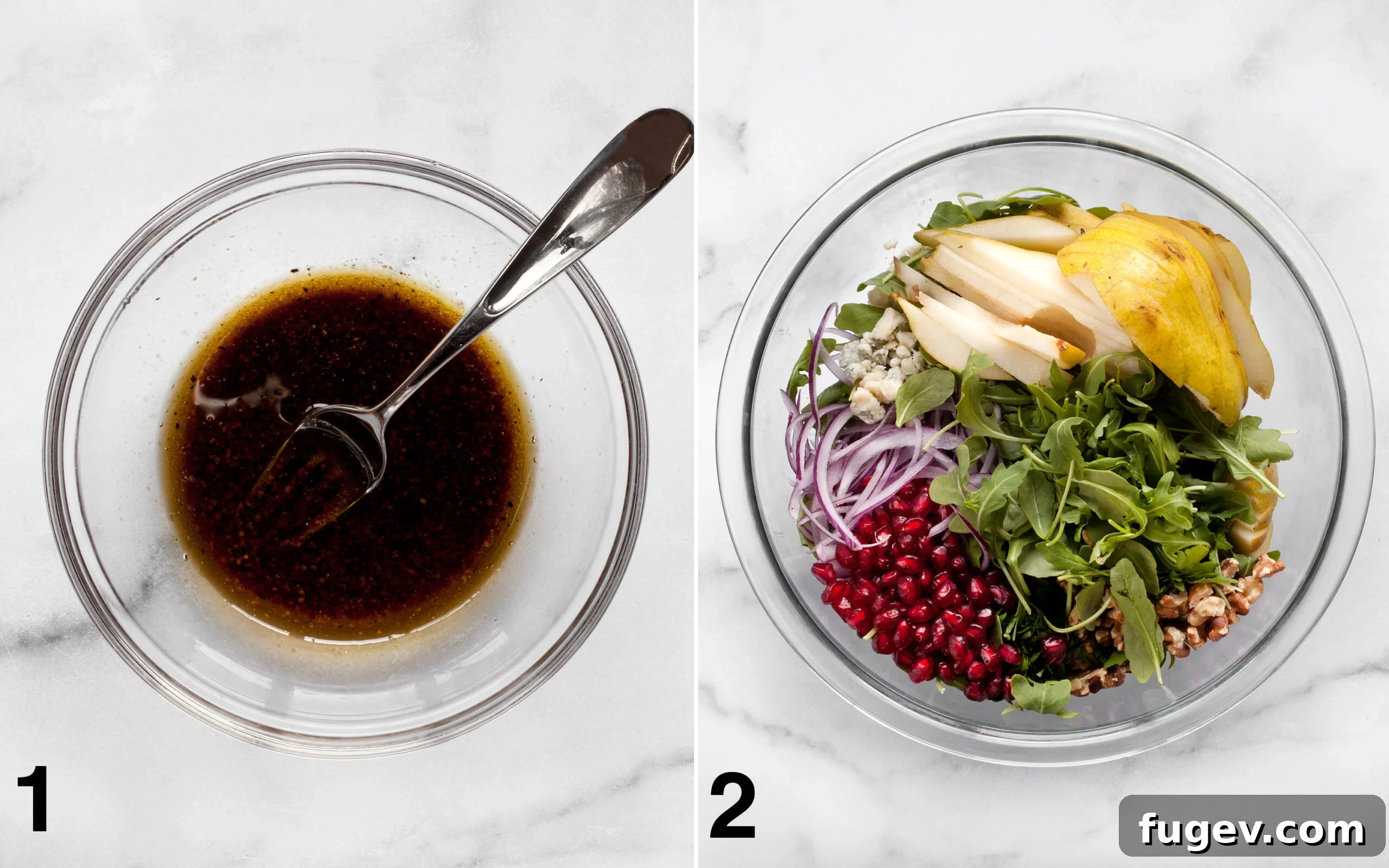 Juicy Pear and Creamy Gorgonzola Salad 4 Step-by-step image showing the preparation of Pear Gorgonzola Salad: a small bowl with balsamic vinaigrette and a large bowl with all the assembled salad ingredients.